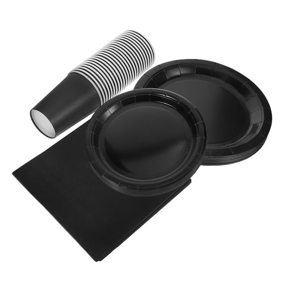 WORGEOUS 1Set Black Single Use Tableware Disposable Paper Dishes Cups and Napkins for Birthday Party Graduation and Holiday Events