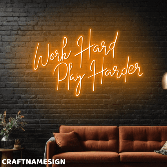 Craftnamesign Work Hard Play Harder Neon Sign, Play Room Wall Art, Bar Pub Decor