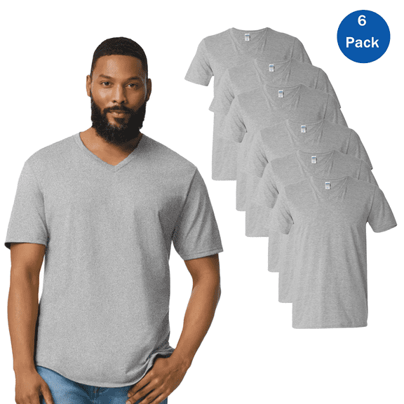 Gildan Men’s T-Shirt, Classic Short Sleeve V-Neck Shirt, Sport Grey, Pack of 6, Sizes S-3XL