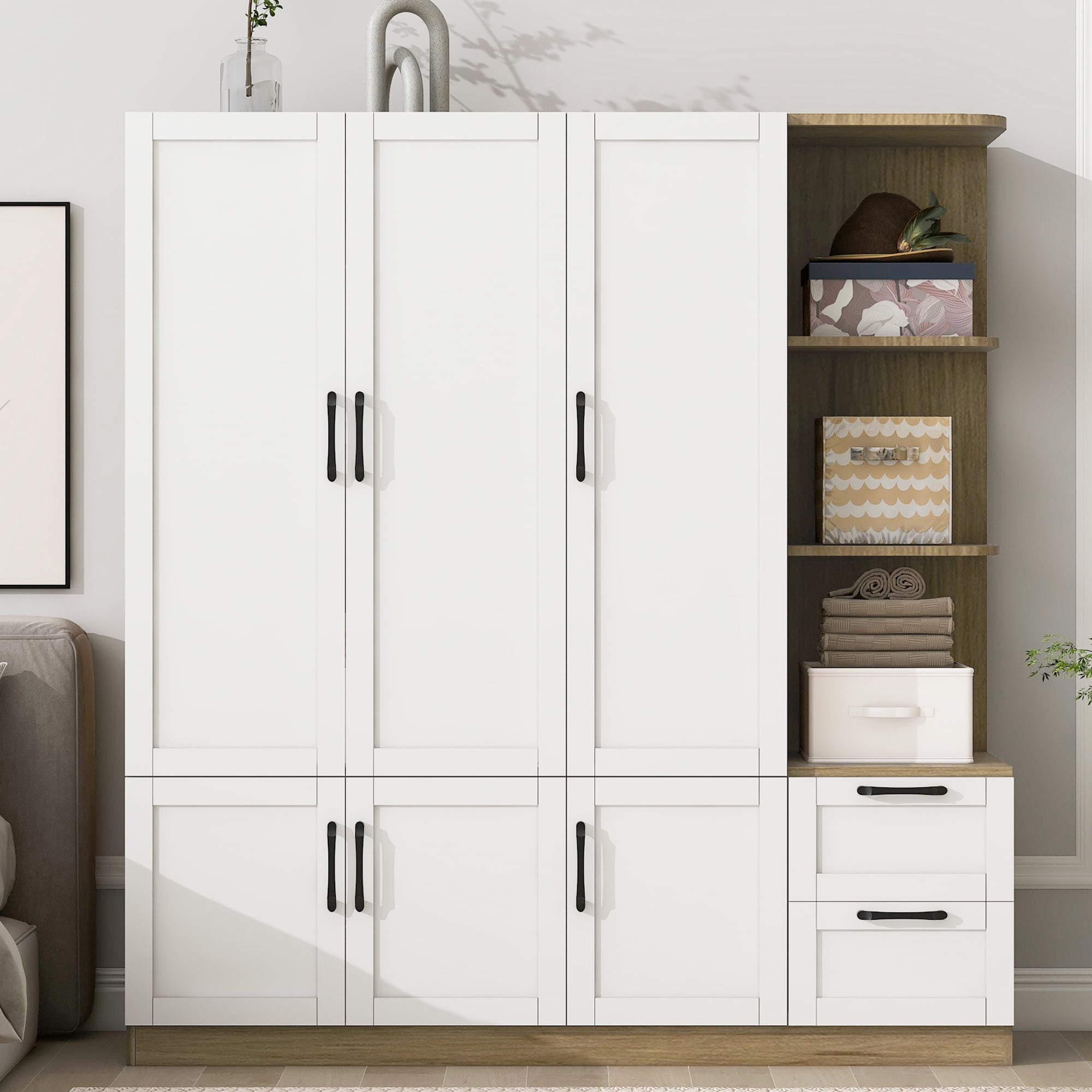 Euroco Modern Wood 3-Door Wardrobe with Drawers and Shelves for Kids Adults, White