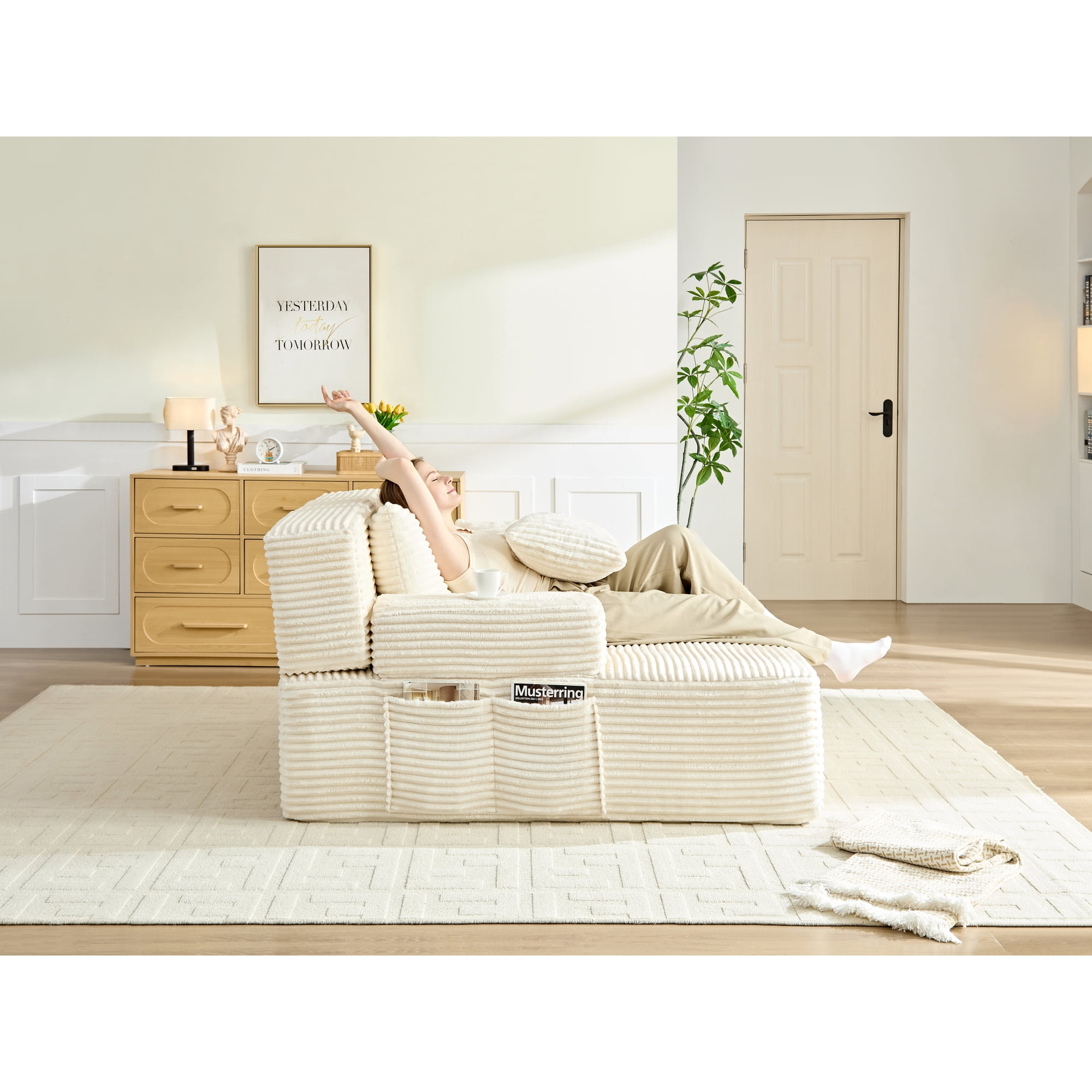 Leumius 70.8" Chaise Lounge Chair Indoor,Oversized Boneless Lounge Chair with Adjustable Backrest & Storage Pocket,Cloud Reading Chair for Living Room Bedroom, No Assembly Required,White