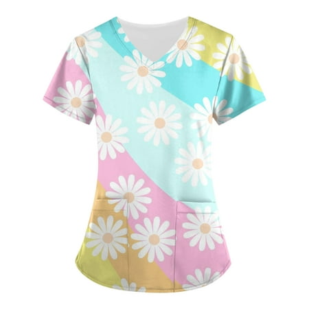 

Sksloeg Scrubs Tops For Women V-Neck Short Sleeve Flower Printed Workwear Working Uniforms With Pockets Shirts Nursing Working Uniform Multicolor S