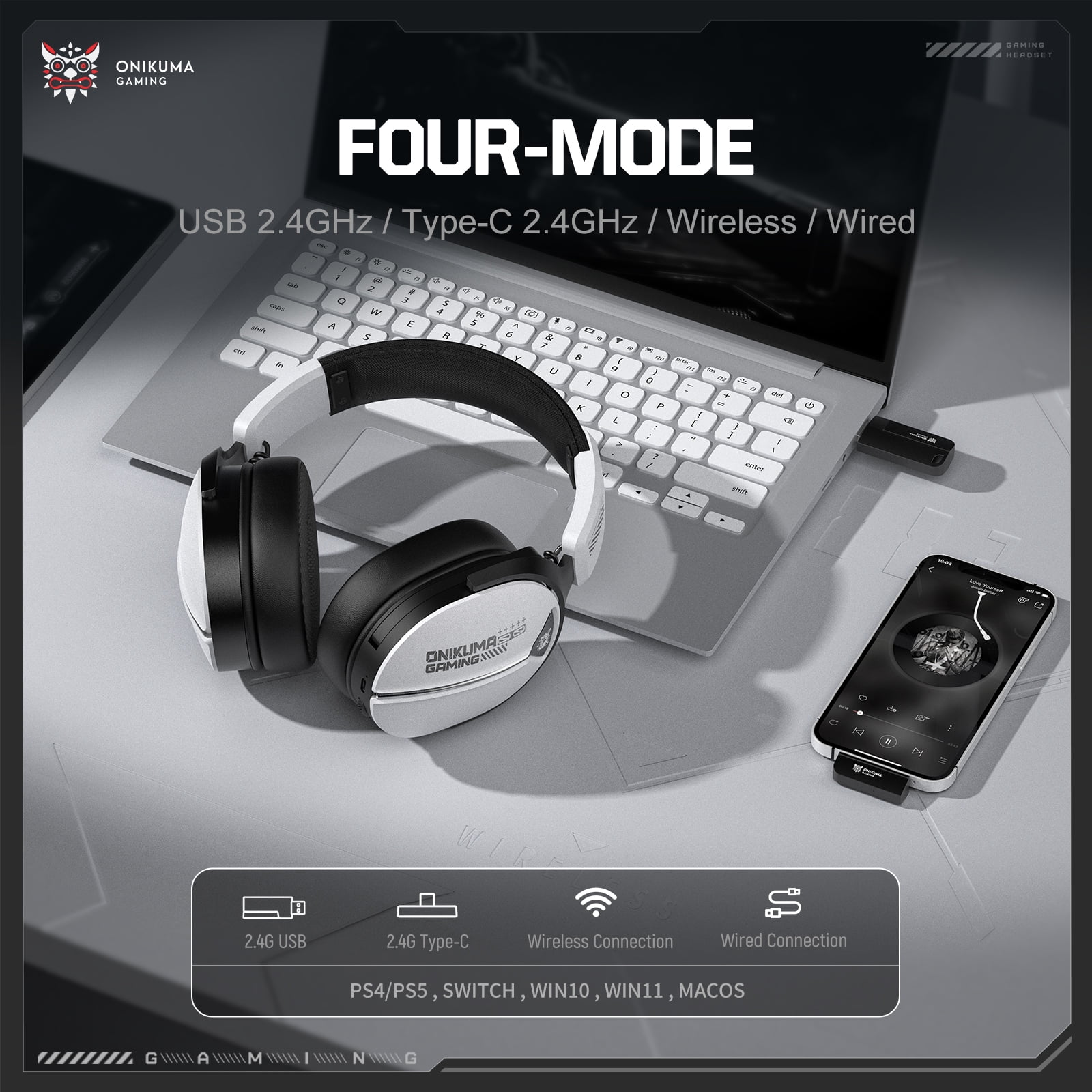 Siivton Wireless Gaming Headset with 60H Playtime, Bluetooth 5.4 & 2.4G Dual Mode, 950mAh Battery, Noise-Canceling Mic for PC,PS4,PS5,Switch,Mobile