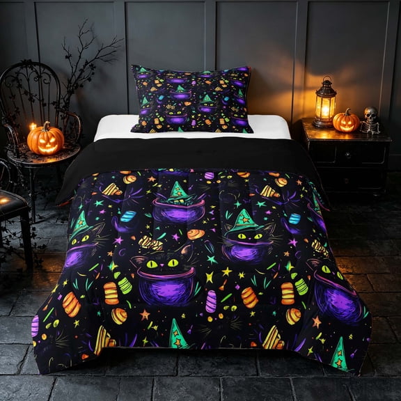 Homewish Neon Witch Cat Twin Comforter Sets, Halloween Candy Stars Bedding Set, Black Purple Green, Black Reversible, 2-Piece 1 Comforter and 1 Pillowcase