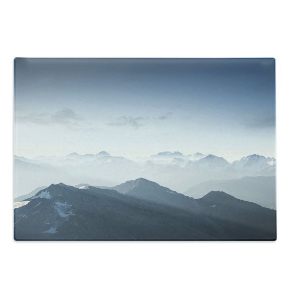 Mountain Cutting Board, Foggy Scenic Morning in Rock Mountain Region in Northern Hiking Climbing Ice Photo, Decorative Tempered Glass Cutting and Serving Board, Large Size, Pale Blue, by Ambesonne