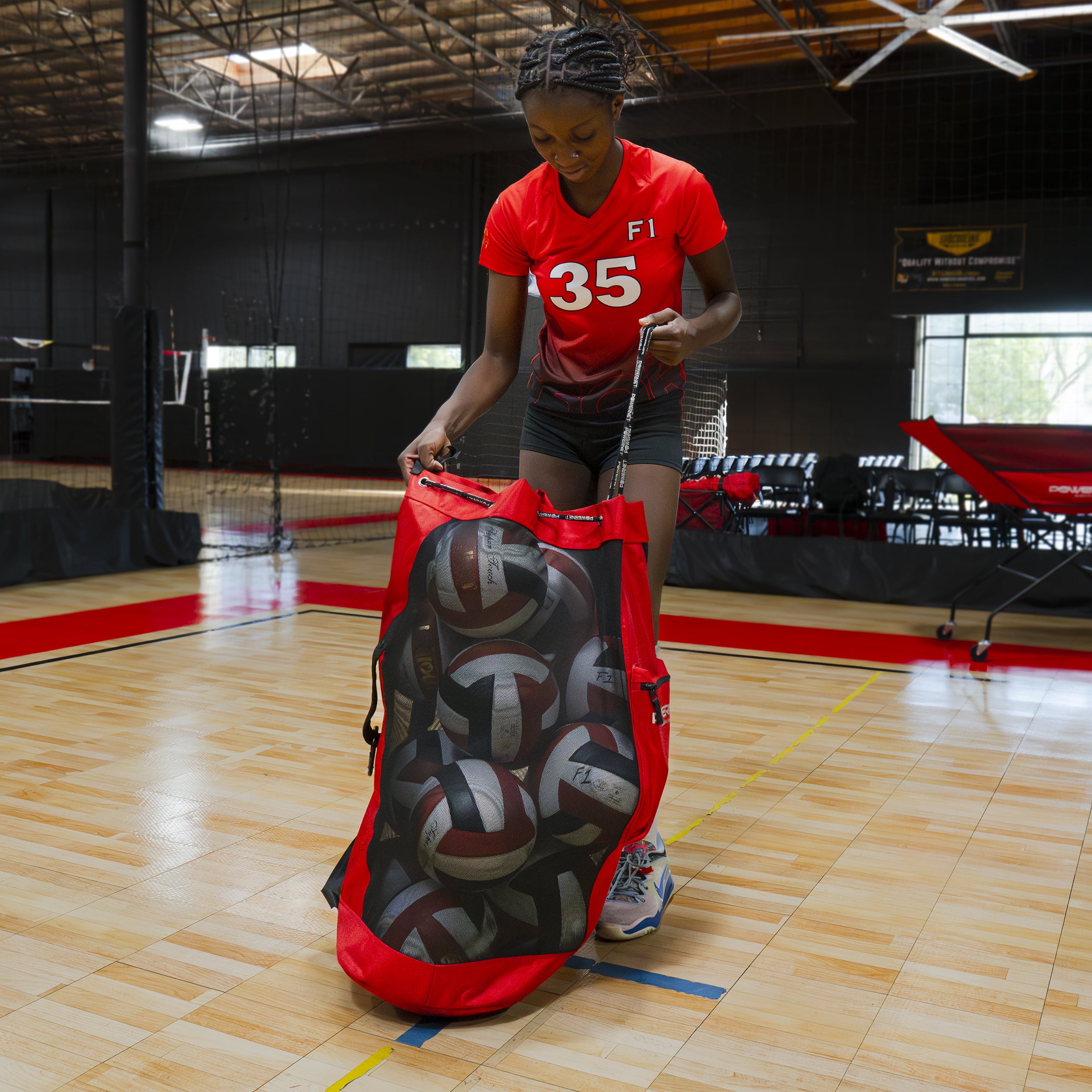 PowerNet Freestanding Volleyball Warm Up Net with Large Ball Bag Bundle | Portable Design for Indoor Or Outdoor Use | Foldable One Piece Quick Setup Frame | Great for Hitting Serving Drills