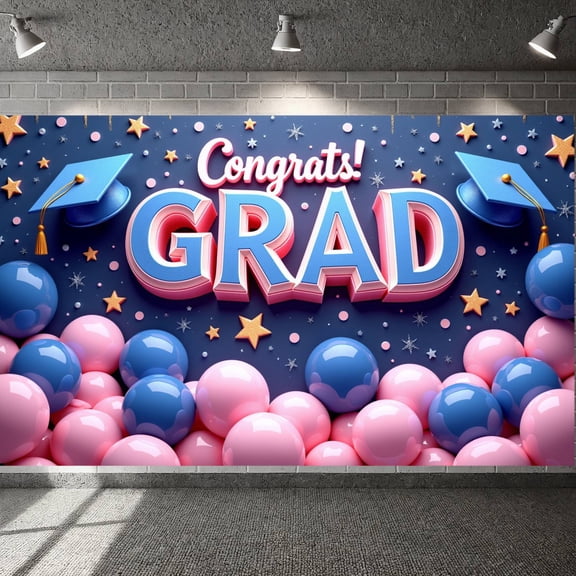 Blue Grad Cap Graduation Banner Pink Blue Balloons Grad Display Gold Stars Congrats Text Congrats Backdrop for High School Graduation College Graduation Grad Party