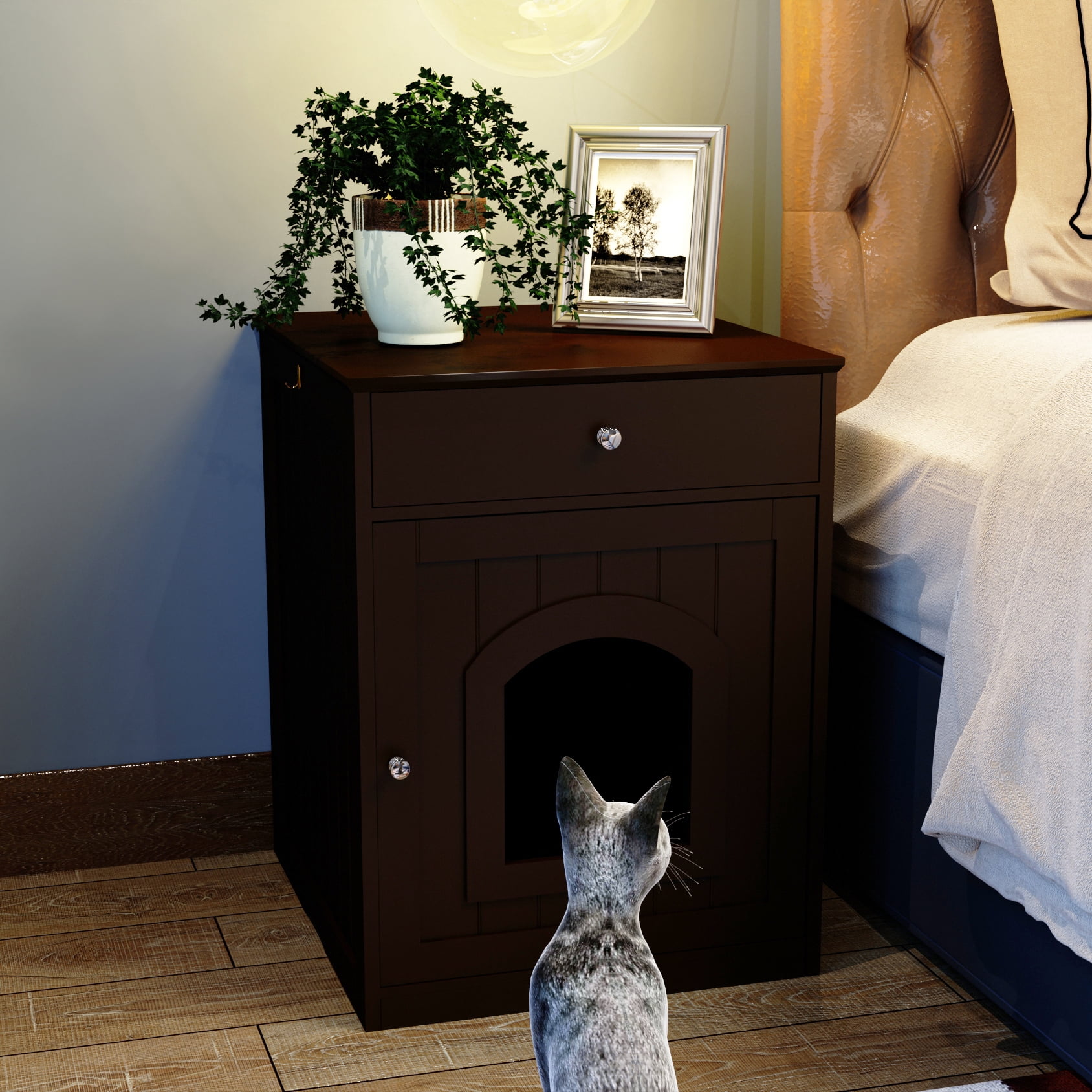 Wooden Cat Litter Box Enclosure with Drawer, Coffee Brown Indoor Pet Crate & End Side Table Nightstand, Hidden Cat Washroom Furniture