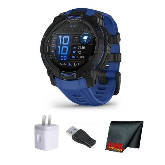 Garmin Instinct 3 Rugged GPS Smartwatch, 45 mm AMOLED Display, Multi-Band GPS with SatIQ, Built-In Flashlight, 18 Days Battery Life, Black with Bolt Blue/Black Band Supernova Collection Watch Bundle