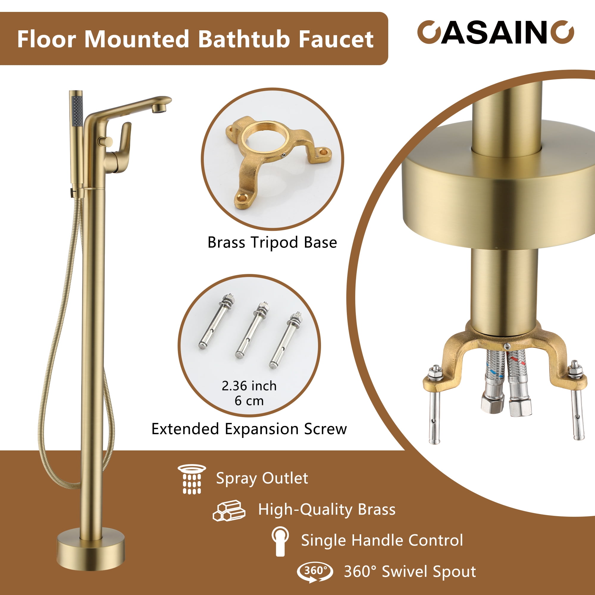 CASAINC Single-Handle Modern Floor Mount Freestanding Bathtub Faucet with Handheld Shower in Brushed Gold