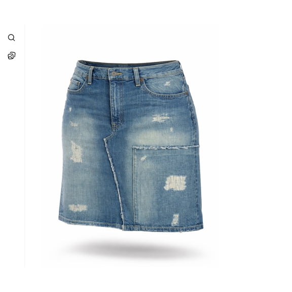 Women’s Distressed Denim Skirt with Asymmetrical Seam – Light Wash Knee Length Jean Skirt