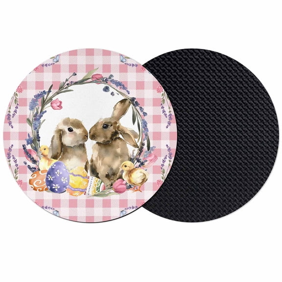 Easter Bunny Coasters Set of 2, Absorbent Coasters for Drinks, Spring Easter Eggs Chick Floral Pink Check Coaster for Desk Coffee Table Protection, Home Decor House Warming Gifts 4"