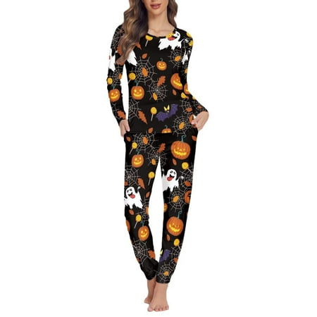 

NETILGEN Spider Web & Halloween Pumpkin Ghosts Pajamas for Women Set Cotton 2 Pcs Nightwear for Women Plus Size Comfort Women Pajama Set Long Sleeve & Crew Neck Design