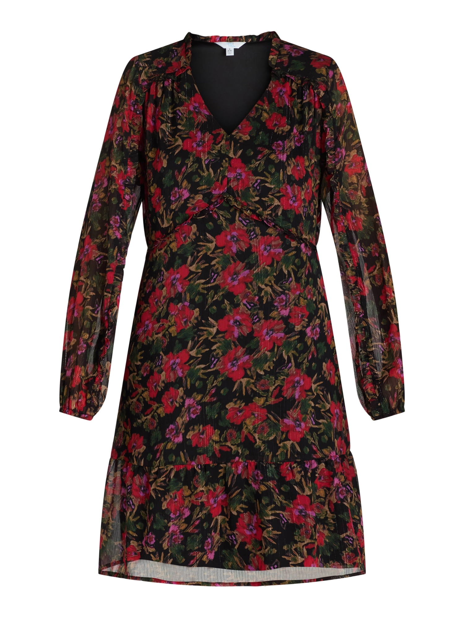 Time and Tru Women's Mini Lurex Shine Dress with Long Sleeves, Size XS-XXXL