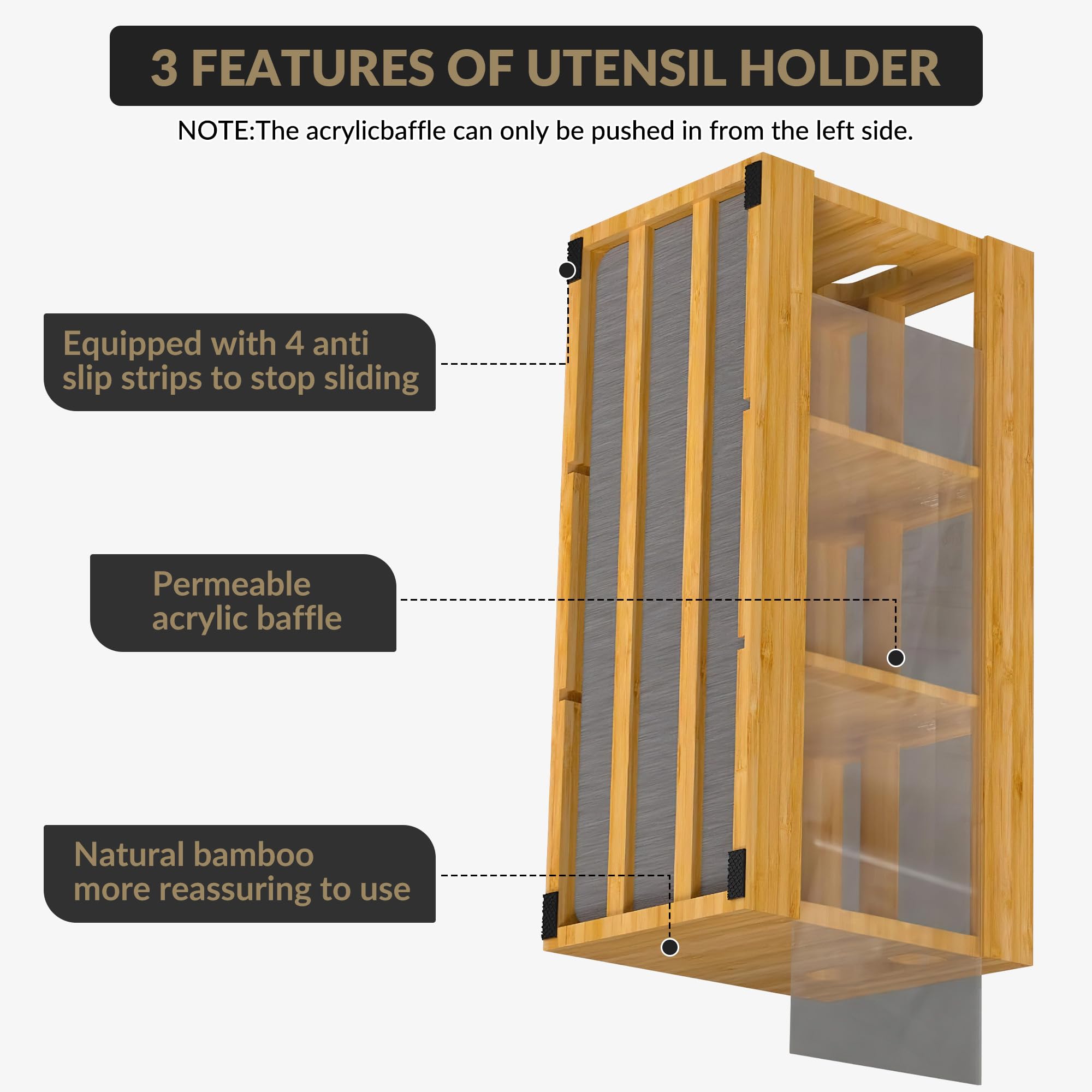 Towallmark 12 in Bamboo Kitchen Utensil Holder - 6 Compartments with Absorbent Mat