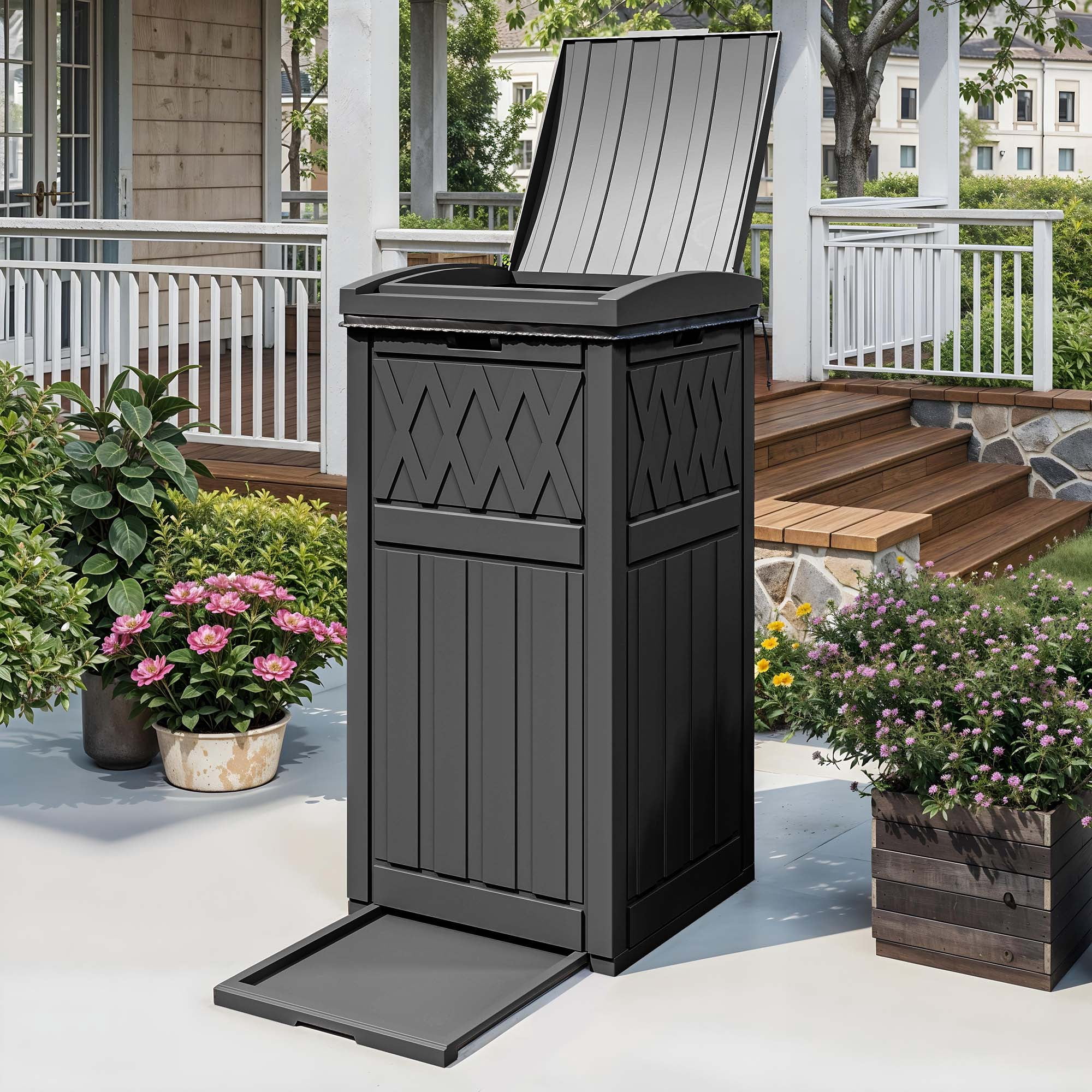 Uforic 31 Gallon Large Outdoor Trash Bin, Waterproof Resin Garbage Can with Lid & Drip Tray, Waste Container,for Porch, Backyard, Black
