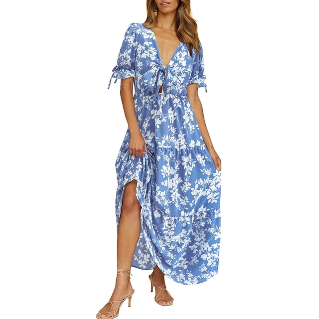 SMihono Robe Maxi Boho d'Été pour Femmes Grande Taille Femmes 2023 Robe Boho d'Été Nœud devant Col en V Profond Manches Courtes Floral Décontracté Fête Plage Robes Maxi Plage Robe d'Été