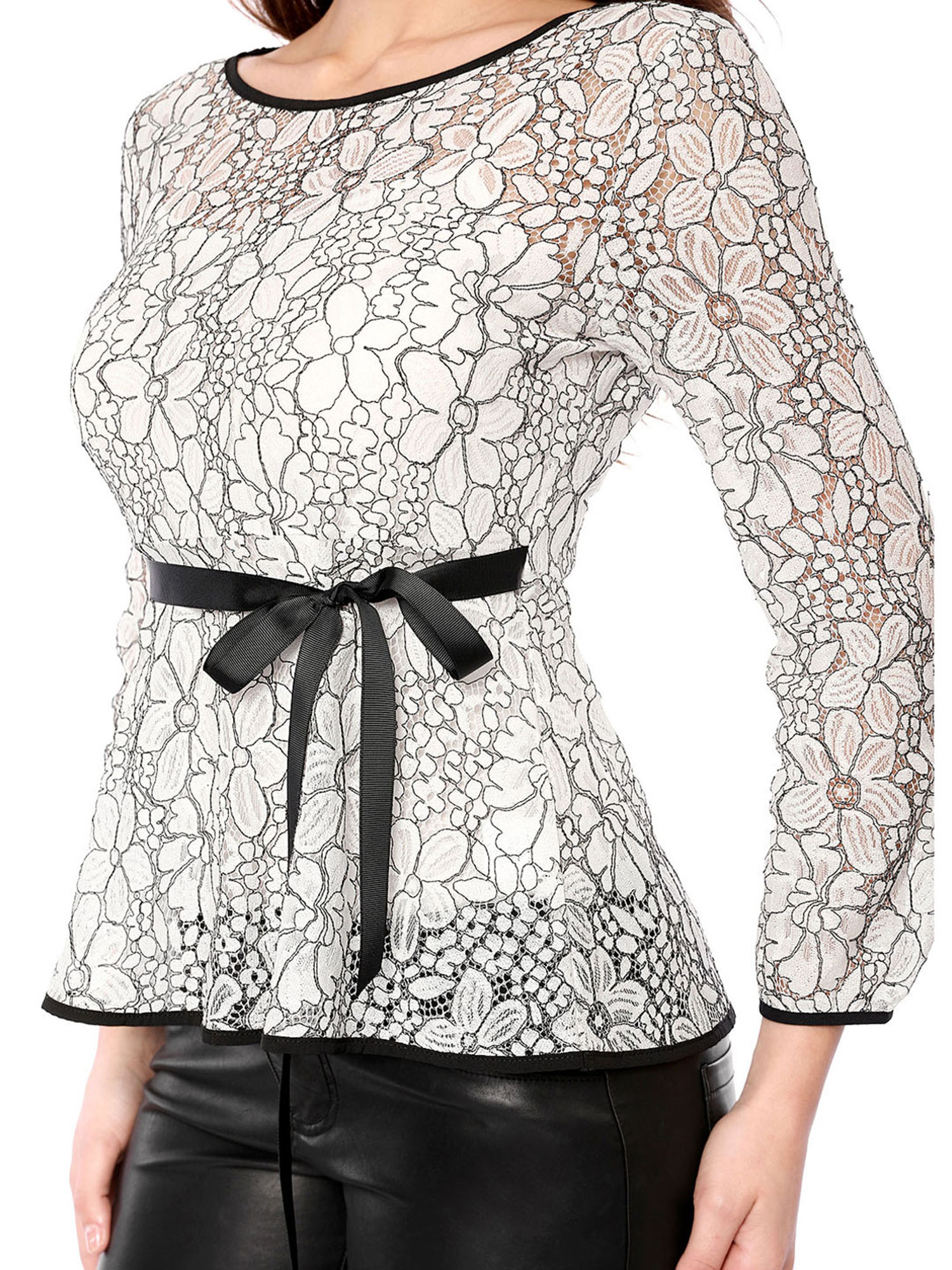 DARING DIVA Self-Tie Waist Semi Sheer Peplum Top XS White