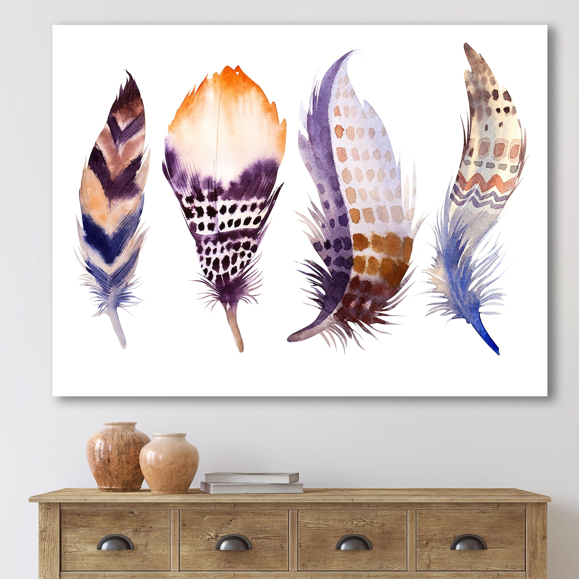 Designart ' Purple Boho Art Feathers ' Bohemian & Eclectic Canvas Wall Art Print