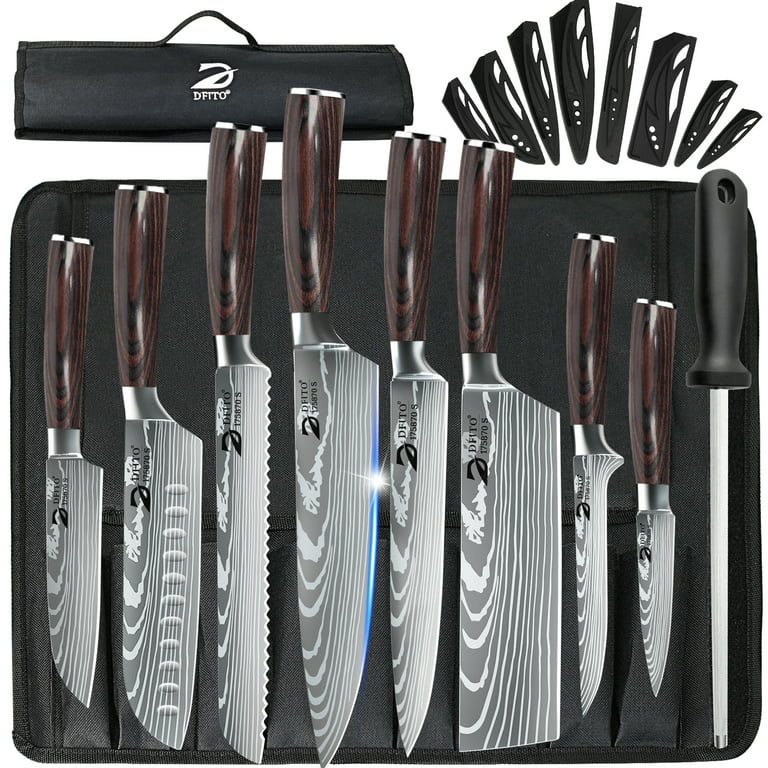 MDHAND 9-Piece Kitchen Knife Set, Stainless Steel Professional Cutlery Knife  with Knife Sheaths, Ultra Sharp Kitchen Knives with Knife Storage Bag,  Brown 
