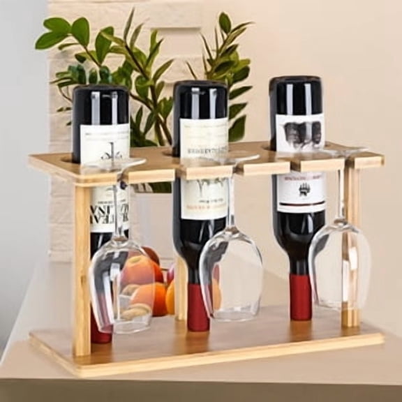 Bamboo Tabletop Wine Rack with Glass Holder - 3 Bottle & 3 Glass Storage Stand for Bar Kitchen Space Saving