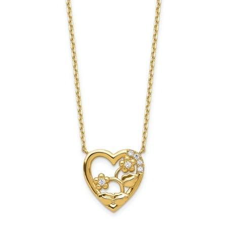 14K Yellow Gold Heart with Flowers & Cubic Zirconia with 2In Extender Necklace