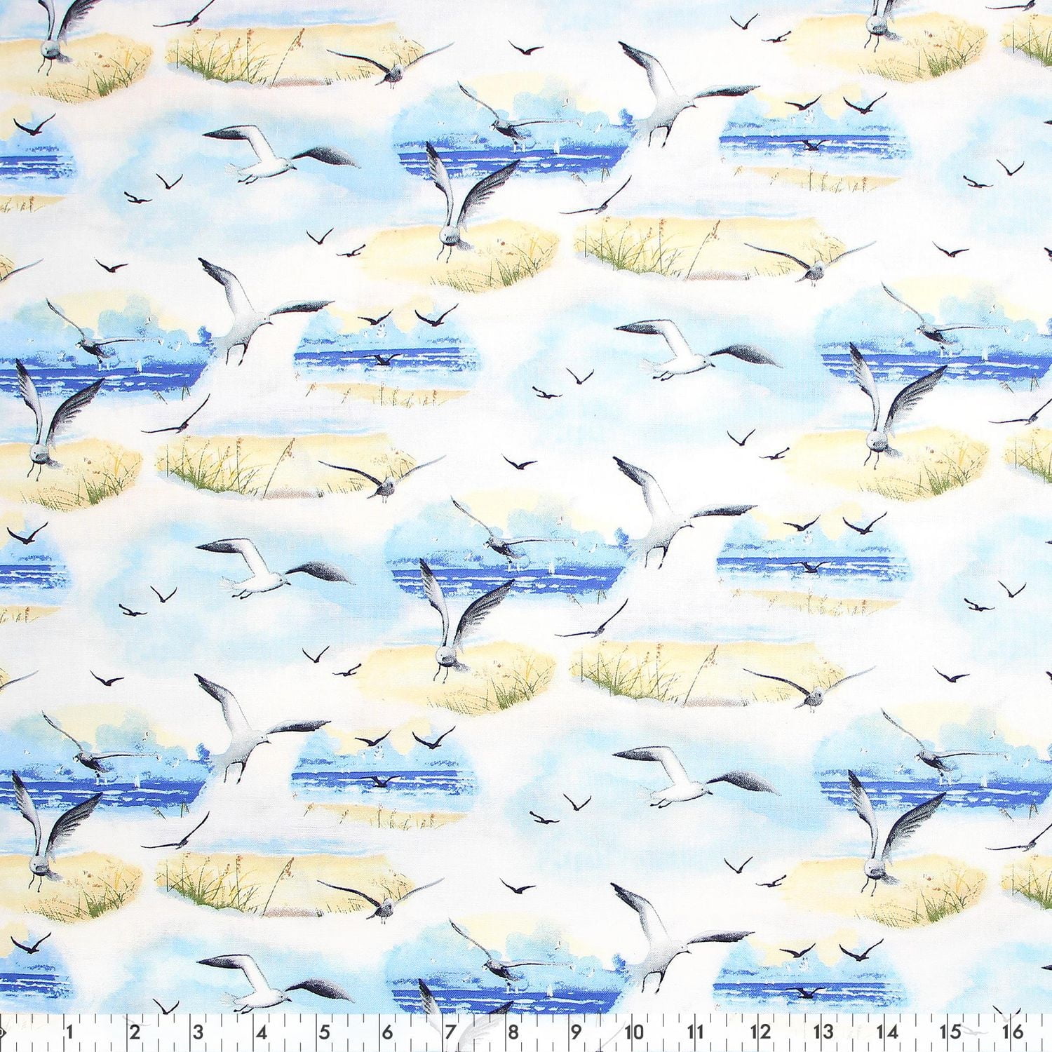 Fabric Creations White with Seaside Scenes & Seagulls Cotton – 107 cm (42 in) by the Metre