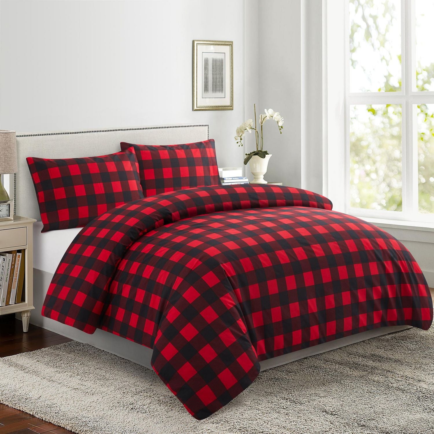 Marina Decoration Ultra Soft Silky Rich Printed Rayon from Bamboo All Season Duvet Cover Fitted Sheet Ensemble Bedding Set with Zipper and Corner Tie, Red Black Plaid Pattern