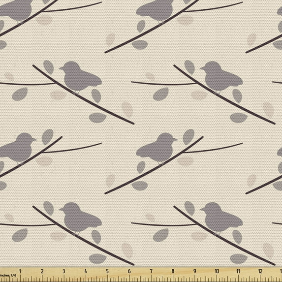 Botanical Fabric by the Yard Upholstery, Nature Themed Layout of Birds on Leafy Branches Flying Animal Silhouettes, Decorative Fabric for DIY and Home Accents, Champagne Dimgray by Ambesonne