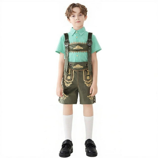Childrens Performance Costume Short Sleeved Checkered Top Suspender Shorts Traditional Role-Playing Ethnic Costume Set