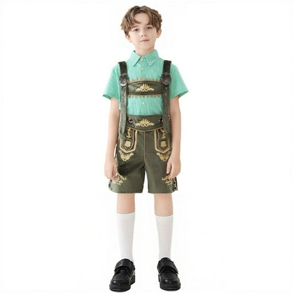 TEAJOPSUU Kids Boys' Lederhosen Clothes Oktoberfest Outfits 2 Piece Bavarian German Performance Set Short Sleeve Button Down Shirt Suspender Short Jumpsuits for 3-12 Years Green