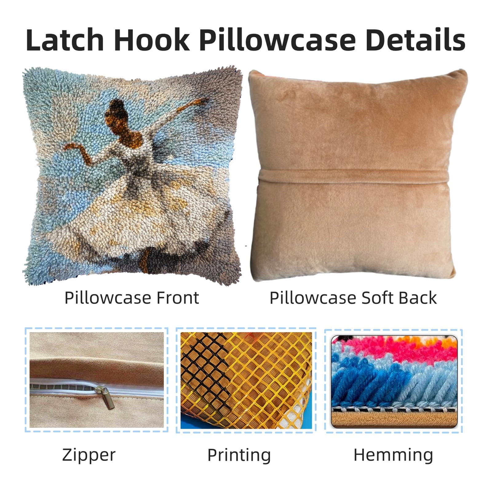 White Dress Ballerina Woman Dancing DIY Latch Hook Pillow Kits for Adults Printed Pillowcase Crochet Yarns Hooking Handmade Pillow Cover Cushion for Home Sofa Decoration 17x17inch(1)