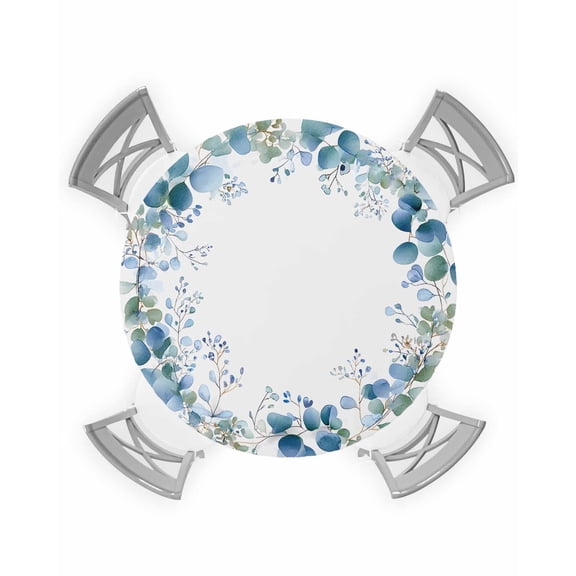 nqOlkjepod Eucalyptus Leaves Round Tablecloth, Fitted Table Cover with Elastic for 55"-60" Round Tables, Watercolor Botanical Spring Summer Table Cloth Outdoor Dinning Party Waterproof Tablecloths