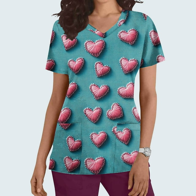 Soki Tuniques d'Infirmière pour Femmes Décontractées à Col en V, Imprimé Graphique de la Saint-Valentin, Manches Courtes, avec Poche