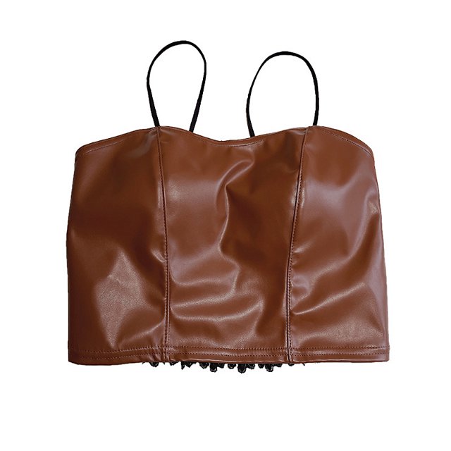 Mialoley Women Fashion Leather Camisole Solid Color Sling Tank Tops Sleeveless Backless Crop Tops
