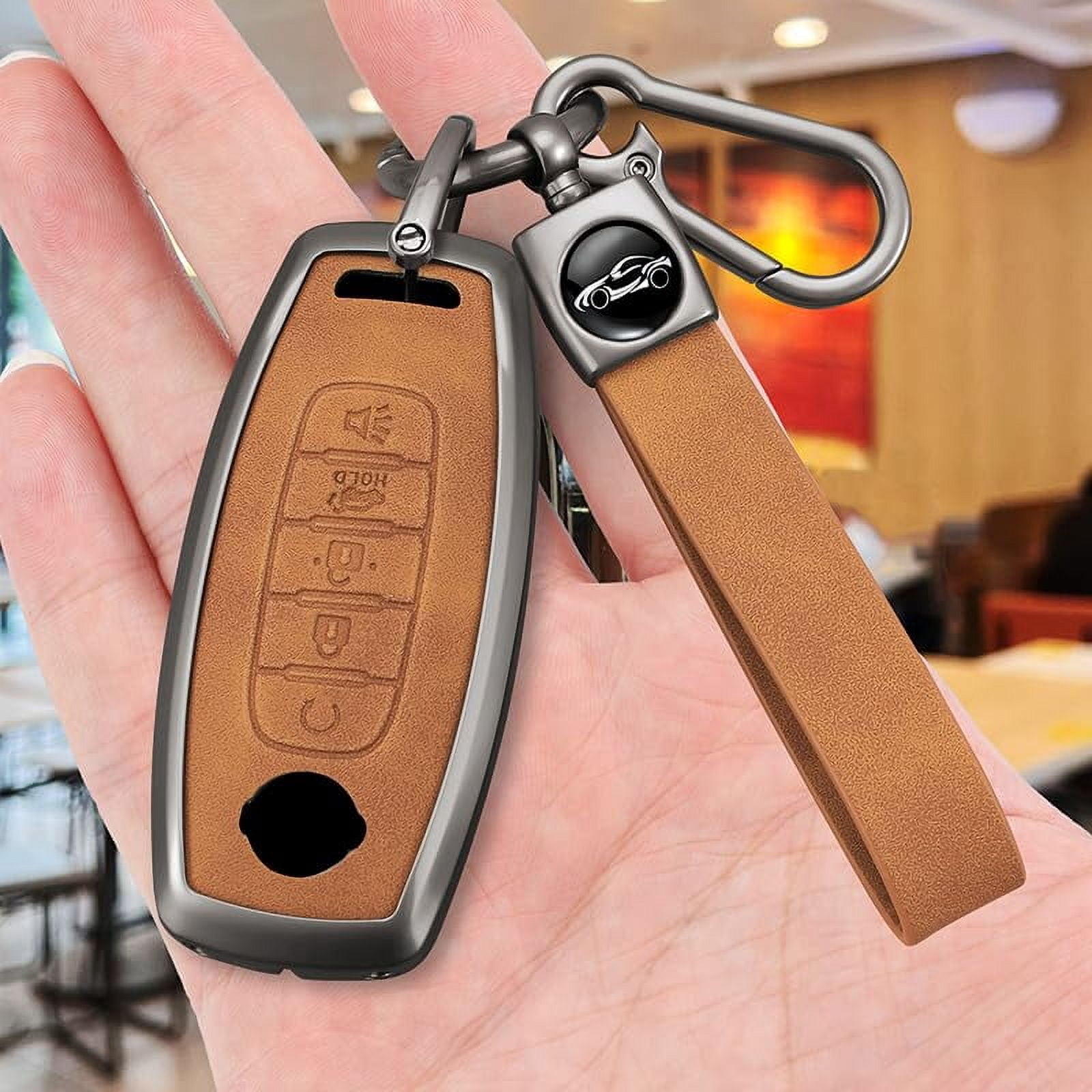 Metal Leather 5 Button Key Fob Cover Fit for Nissan Rogue 2024 2023 Pathfinder Versa Kicks Sentra Ariya Keyless Key Holder with Keychain