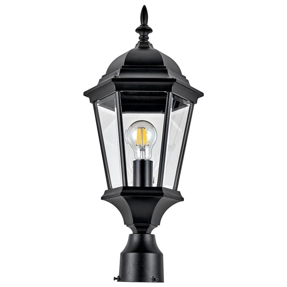 Textured Black Oak Creek Outdoor Post Top Light, Traditional 6-Panel Clear Beveled Glass, Wet Rated
