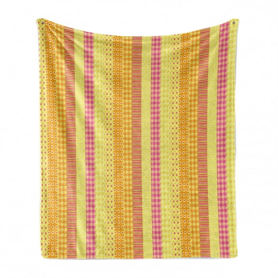 Floral Soft Flannel Fleece Blanket, Flowers Stars Stripes Mix Patchwork Style Motif Kids Baby Playroom Design, Cozy Plush for Indoor and Outdoor Use, 50" x 70", Yellow Marigold Pink, by Ambesonne