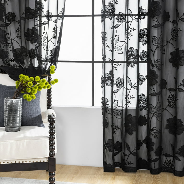 Exultantex Black Sheer Lace Curtains for Living Room Vintage Rose Floral  Embroidered Semi Sheer Window Panels Leaf Sheer Drapes with Scalloped