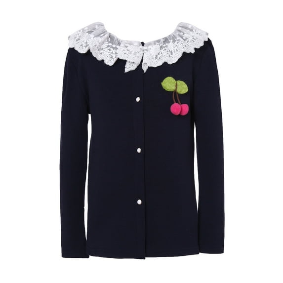 Little Girls Navy Solid Colored White Lace Detail Cardigan 5/6