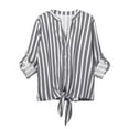 thumbnail image 7 of Tmtolofot Colorful Striped Shirts For Women 3/4 Sleeves Front Tie Tunic Blouse Female Stripes Modern Style Top Women's Casual V-Neck Tops Lightweight Comfy Pull-On Shirts,1_Gray,XX-Large, 7 of 7
