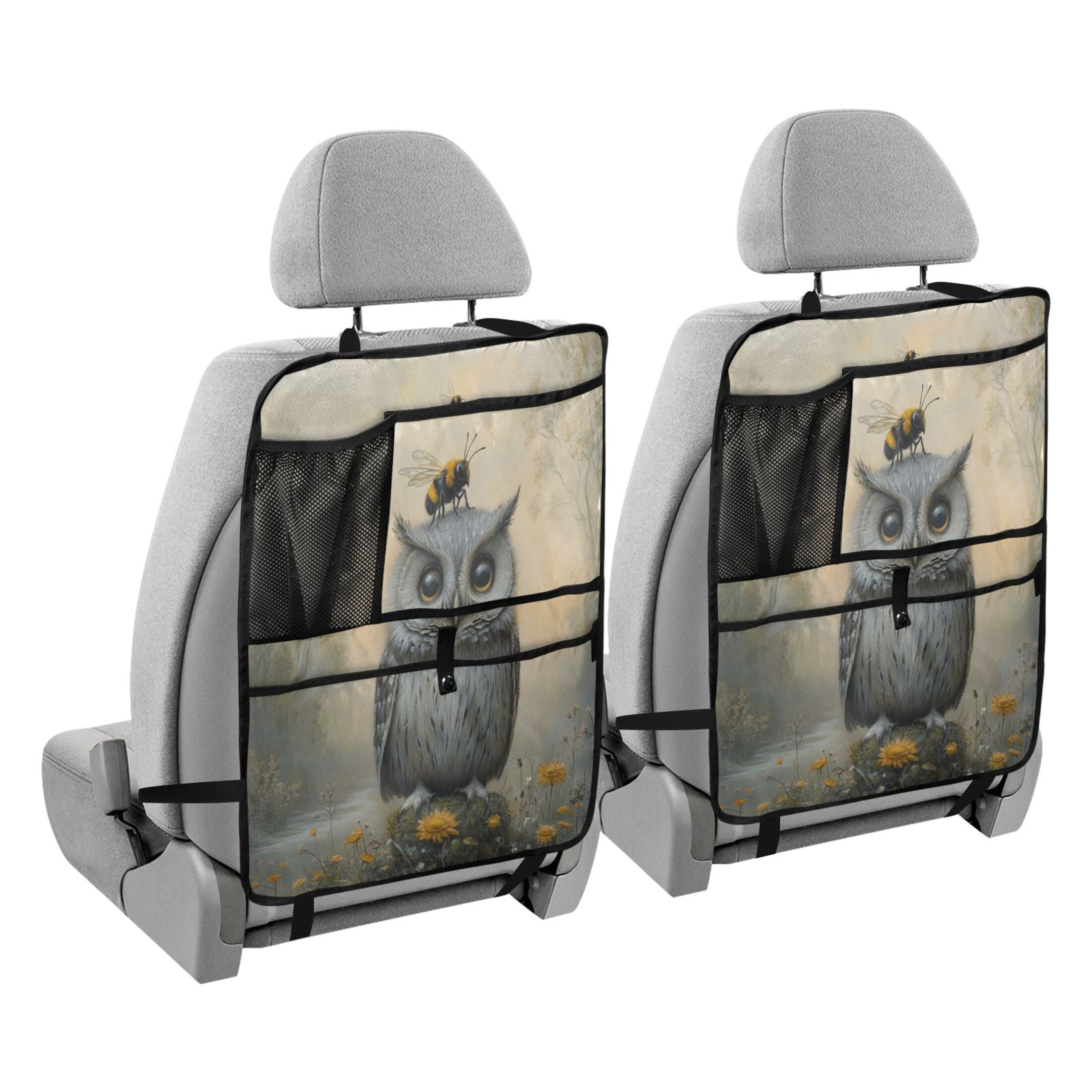 WOBOGO Owls and Bees Pattern Backseat Car Organizer 2 PCS Footed Universal Car with Touch Screen Tablet Holder Rear Seat Protector