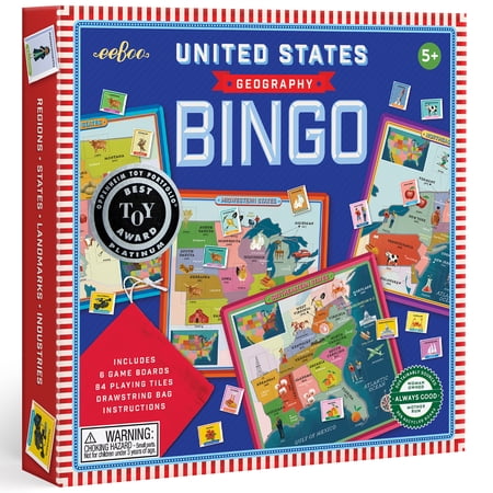 eeBoo: Bingo Geography: United States - USA Themed Classic Game States & Landmarks Illustrated Boards Educational Play Family Kids 5+ 2-6 Player