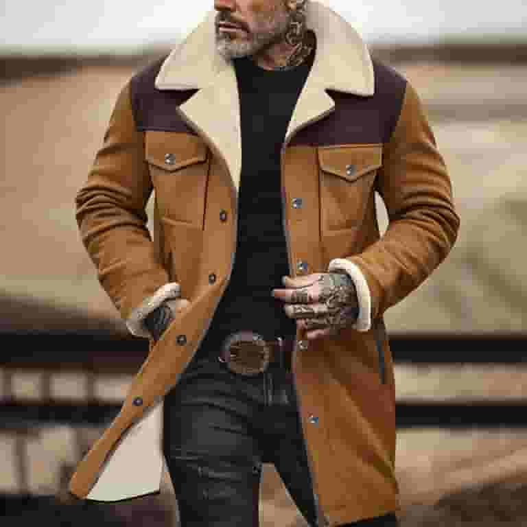 送料無料 JUUYY Men's Pocket Multi Fleece Lamb Patchwork Suede Vintage Clothing