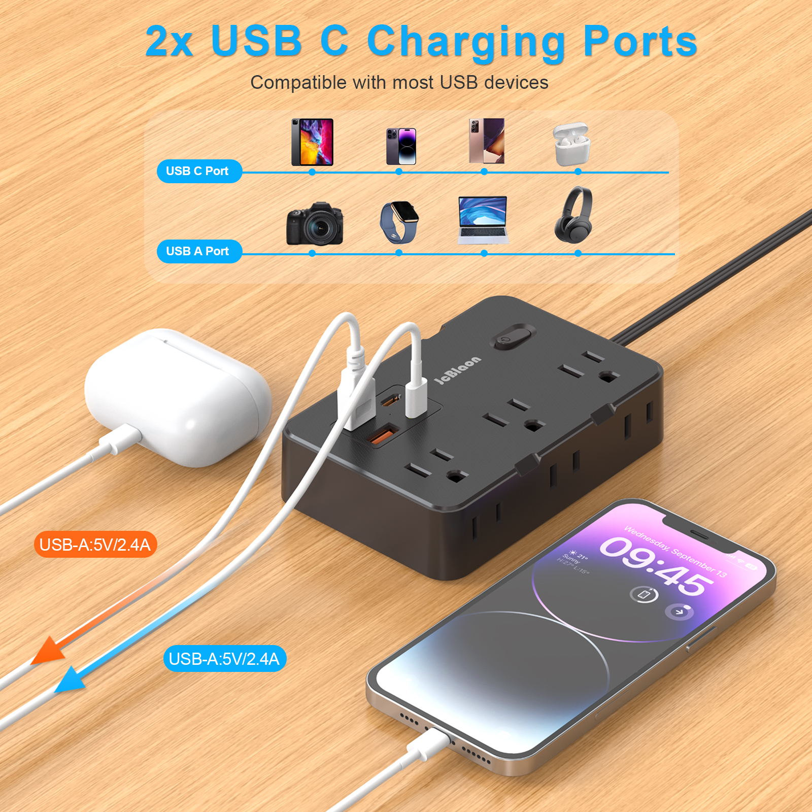 11 AC Outlet Power Strip With 6 USB Ports + USB-C – 10-Foot Cord, Surge Protection