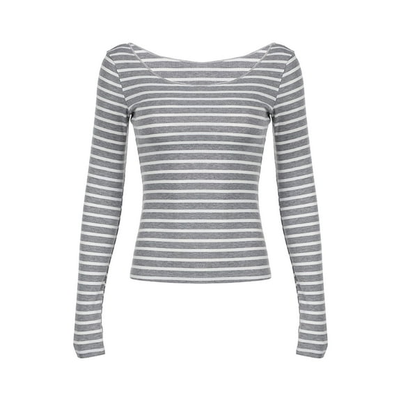 Rdhnmea Women's Off Shoulder Tops Slim Striped Long Sleeve Casual T-Shirt