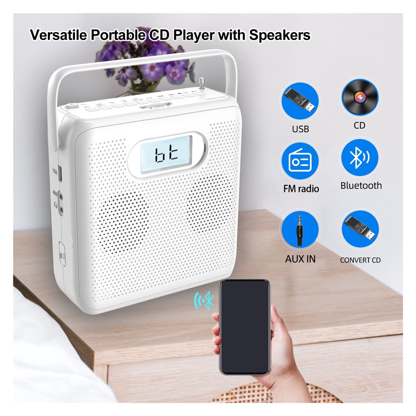 Vertical Portable CD Player with Bluetooth Speakers - USB/MP3 FM Radio Support DC 5V & Battery Power