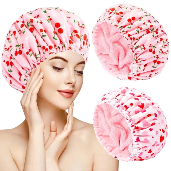 CWMMLS 2-Pack Waterproof Shower Caps for Women - Reusable Large Bath Cap with Soft Absorbent Terry Cloth Lining & Elastic Band for Long Thick Hair (Cherry & Pink Heart)