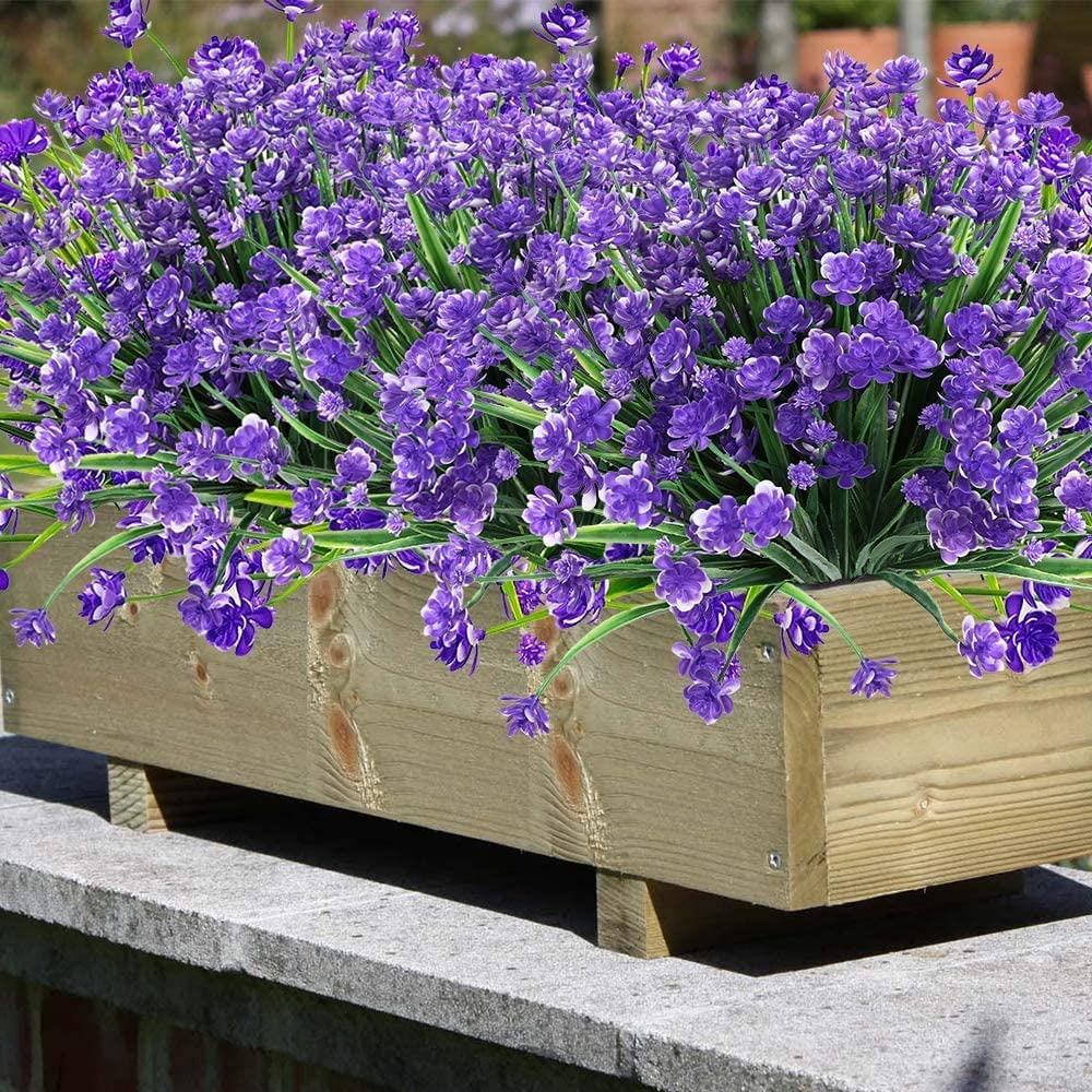 Sinhoon 16 Bundles Fake Artificial Flowers Outdoor for Decoration UV Resistant No Fade Faux Plastic Plants Garden Porch Window Box Décor Kitchen Office Table Vase(Purple)