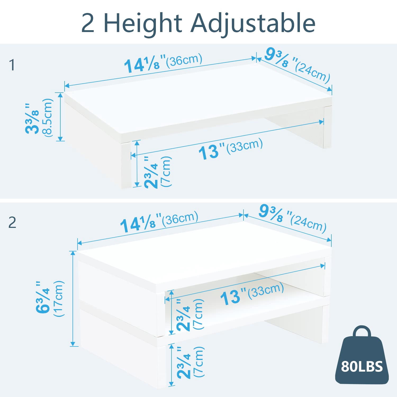 White Monitor Stand Riser - 2 Pack  Wood 2 Tier Adjustable Dual For Laptop/pc Computer Desk